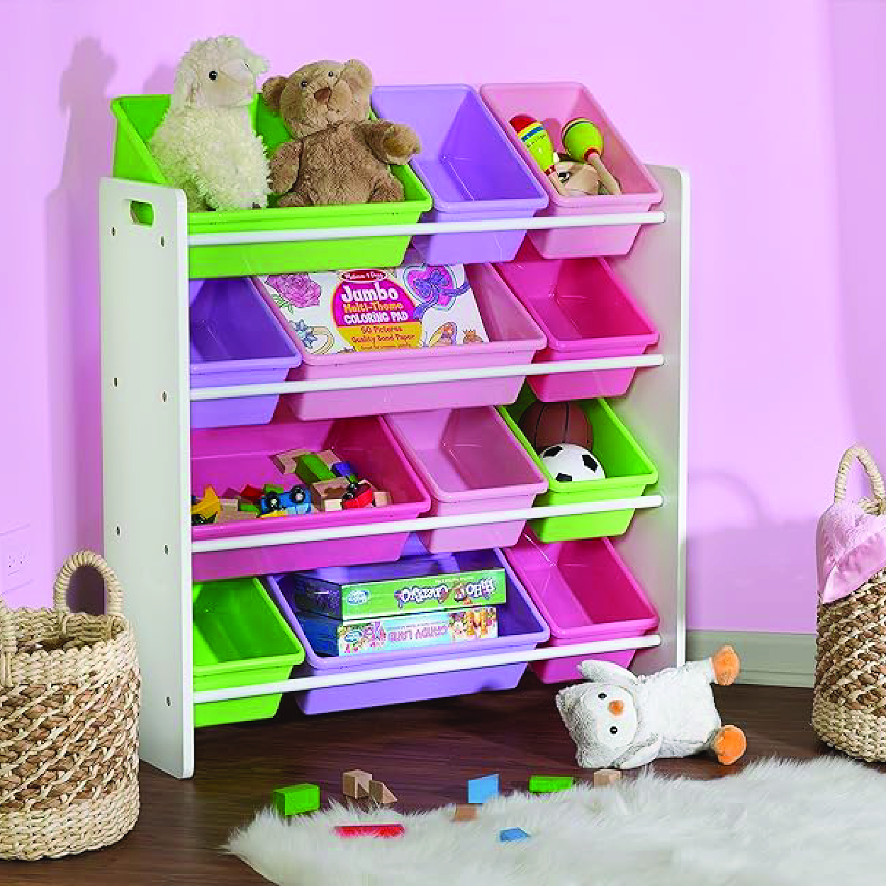 Colorful and versatile toy storage system with 12 bins arranged across four tiers, promoting organization and playroom tidiness for children.